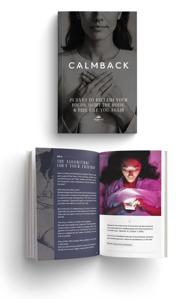 Calm Back Book Banner 21 Days to clear the noise, reclaim your focus & feel like you again.